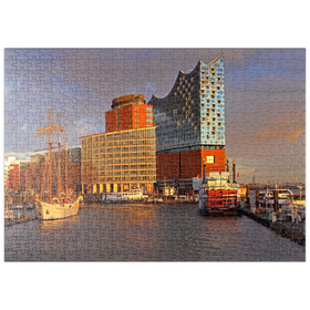 Darstellung des Puzzle Motivs Schiffsanleger an der Überseebrücke mit Blick über die Elbe zur Elbphilharmonie, Hamburg - Puzzleteile: 500