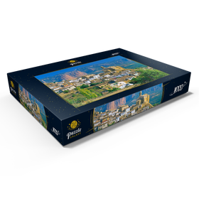 Darstellung des Puzzle Motivs Bergdorf Murillo de Gallego gegen Los Mallos de Riglos in der Sierra de Loarre - Puzzleteile: 1000