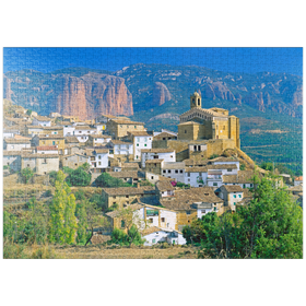 Darstellung des Puzzle Motivs Bergdorf Murillo de Gallego gegen Los Mallos de Riglos in der Sierra de Loarre - Puzzleteile: 1000