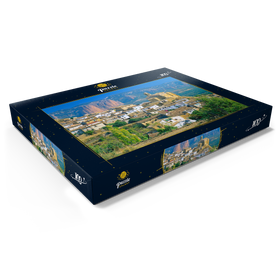 Darstellung des Puzzle Motivs Bergdorf Murillo de Gallego gegen Los Mallos de Riglos in der Sierra de Loarre - Puzzleteile: 100