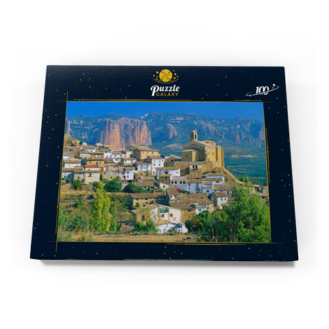 Bergdorf Murillo de Gallego gegen Los Mallos de Riglos in der Sierra de Loarre 100 Puzzle Schachtel Ansicht3