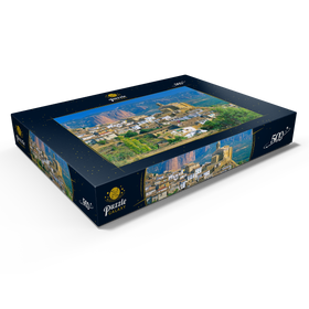 Darstellung des Puzzle Motivs Bergdorf Murillo de Gallego gegen Los Mallos de Riglos in der Sierra de Loarre - Puzzleteile: 500