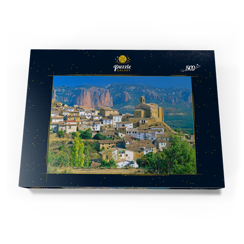 Bergdorf Murillo de Gallego gegen Los Mallos de Riglos in der Sierra de Loarre 500 Puzzle Schachtel Ansicht3