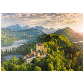 Darstellung des Puzzle-Motivs Sonnenuntergang am Schloss Hohenschwangau mit dem Alpsee – Puzzleteile: 1000