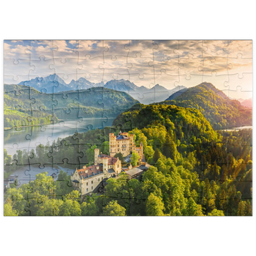 puzzleplate Sonnenuntergang am Schloss Hohenschwangau mit dem Alpsee und den Tannheimer Bergen 100 Puzzle