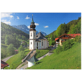 Darstellung des Puzzle-Motivs Wallfahrtskirche Maria Gern gegen den Untersberg (1973m) bei Berchtesgaden – Puzzleteile: 1000