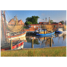 Darstellung des Puzzle-Motivs Fischerhafen mit Krabbenkuttern im Morgenlicht – Puzzleteile: 1000
