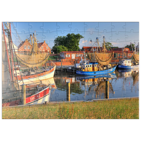 puzzleplate Fischerhafen mit Krabbenkuttern im Morgenlicht 100 Puzzle