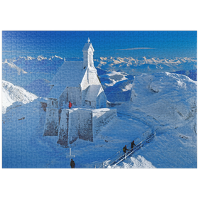Darstellung des Puzzle-Motivs Wendelsteinkircherl auf dem Wendelstein bei Bayrischzell gegen Kaisergebirge – Puzzleteile: 1000