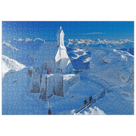 Darstellung des Puzzle-Motivs Wendelsteinkircherl auf dem Wendelstein bei Bayrischzell gegen Kaisergebirge – Puzzleteile: 500