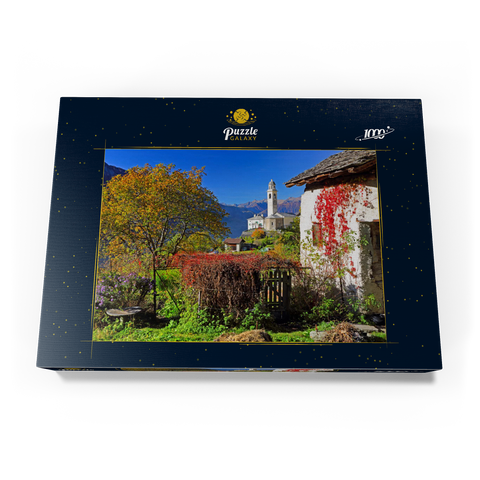 Blick zur Dorfkirche im Bergdorf Soglio, Bregaglia im Bergell Tal, Engadin, Kanton Graubünden, Schweiz 1000 Puzzle Schachtel Ansicht3