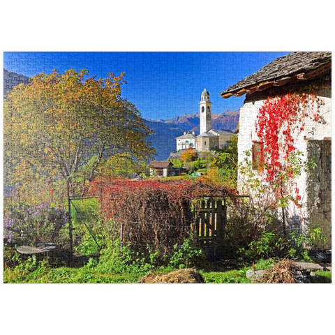 puzzleplate Blick zur Dorfkirche im Bergdorf Soglio, Bregaglia im Bergell Tal, Engadin, Kanton Graubünden, Schweiz 1000 Puzzle