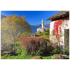Darstellung des Puzzle Motivs Blick zur Dorfkirche im Bergdorf Soglio, Engadin - Puzzleteile: 1000