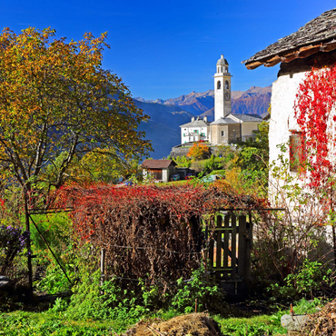 Blick zur Dorfkirche im Bergdorf Soglio, Bregaglia im Bergell Tal, Engadin, Kanton Graubünden, Schweiz 1000 Puzzle 3D Modell
