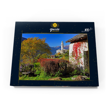 Blick zur Dorfkirche im Bergdorf Soglio, Bregaglia im Bergell Tal, Engadin, Kanton Graubünden, Schweiz 100 Puzzle Schachtel Ansicht3