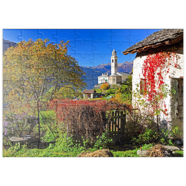 puzzleplate Blick zur Dorfkirche im Bergdorf Soglio, Bregaglia im Bergell Tal, Engadin, Kanton Graubünden, Schweiz 100 Puzzle