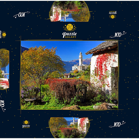 Blick zur Dorfkirche im Bergdorf Soglio, Bregaglia im Bergell Tal, Engadin, Kanton Graubünden, Schweiz 100 Puzzle Schachtel 3D Modell