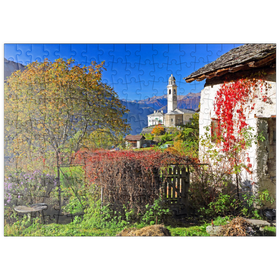 Darstellung des Puzzle-Motivs Blick zur Dorfkirche im Bergdorf Soglio, Engadin – Puzzleteile: 200