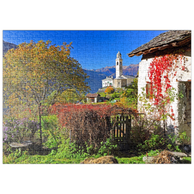 Darstellung des Puzzle Motivs Blick zur Dorfkirche im Bergdorf Soglio, Engadin - Puzzleteile: 500
