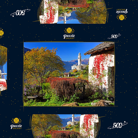 Blick zur Dorfkirche im Bergdorf Soglio, Bregaglia im Bergell Tal, Engadin, Kanton Graubünden, Schweiz 500 Puzzle Schachtel 3D Modell