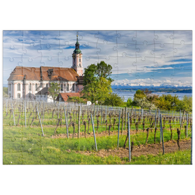 Darstellung des Puzzle Motivs Wallfahrtskirche Birnau bei Unteruhldingen am Bodensee im Frühling - Puzzleteile: 100
