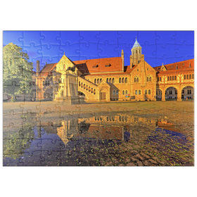 Darstellung des Puzzle Motivs Braunschweiger Löwe und Burg Dankwarderode am Burgplatz bei Nacht, Braunschweig - Puzzleteile: 100