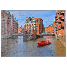 Darstellung des Puzzle Motivs Wasserschloss zwischen Holländischbrookfleet und Wandrahmsfleet in der Speicherstadt, Hamburg - Puzzleteile: 100