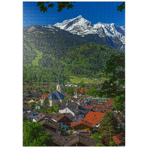 puzzleplate Partenkirchner Pfarrkirche Maria Himmelfahrt gegen Alpspitze (2628m), Garmisch-Partenkirchen 1000 Puzzle