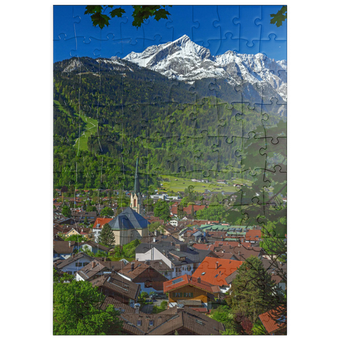 puzzleplate Partenkirchner Pfarrkirche Maria Himmelfahrt gegen Alpspitze (2628m), Garmisch-Partenkirchen 100 Puzzle