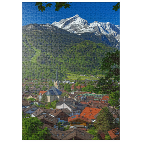 Darstellung des Puzzle Motivs Partenkirchner Pfarrkirche Maria Himmelfahrt gegen Alpspitze (2628m) - Puzzleteile: 500