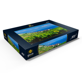 Darstellung des Puzzle Motivs Weindorf Rivaz am Genfer See gegen Berge von Montreux - Puzzleteile: 1000