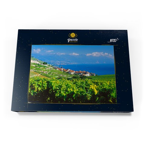 Weindorf Rivaz am Genfer See gegen Berge von Montreux, Lavaux-Oron, Kanton Waadt, Schweiz 1000 Puzzle Schachtel Ansicht3