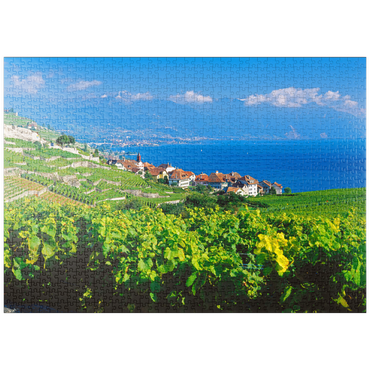 puzzleplate Weindorf Rivaz am Genfer See gegen Berge von Montreux, Lavaux-Oron, Kanton Waadt, Schweiz 1000 Puzzle