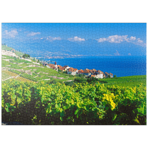 puzzleplate Weindorf Rivaz am Genfer See gegen Berge von Montreux, Lavaux-Oron, Kanton Waadt, Schweiz 1000 Puzzle