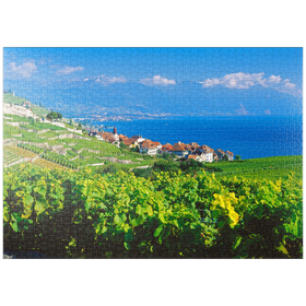 Darstellung des Puzzle Motivs Weindorf Rivaz am Genfer See gegen Berge von Montreux - Puzzleteile: 1000