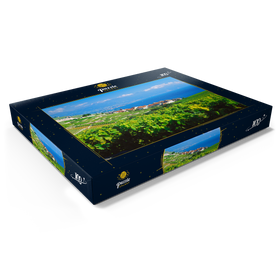 Darstellung des Puzzle Motivs Weindorf Rivaz am Genfer See gegen Berge von Montreux - Puzzleteile: 100