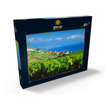 Weindorf Rivaz am Genfer See gegen Berge von Montreux, Lavaux-Oron, Kanton Waadt, Schweiz 100 Puzzle Schachtel Ansicht2