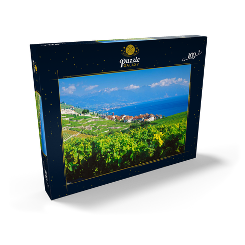 Weindorf Rivaz am Genfer See gegen Berge von Montreux, Lavaux-Oron, Kanton Waadt, Schweiz 100 Puzzle Schachtel Ansicht2