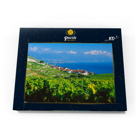 Weindorf Rivaz am Genfer See gegen Berge von Montreux, Lavaux-Oron, Kanton Waadt, Schweiz 100 Puzzle Schachtel Ansicht3