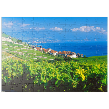 puzzleplate Weindorf Rivaz am Genfer See gegen Berge von Montreux, Lavaux-Oron, Kanton Waadt, Schweiz 100 Puzzle