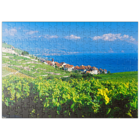Darstellung des Puzzle-Motivs Weindorf Rivaz am Genfer See gegen Berge von Montreux – Puzzleteile: 200