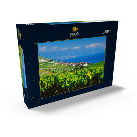 Weindorf Rivaz am Genfer See gegen Berge von Montreux, Lavaux-Oron, Kanton Waadt, Schweiz 500 Puzzle Schachtel Ansicht2
