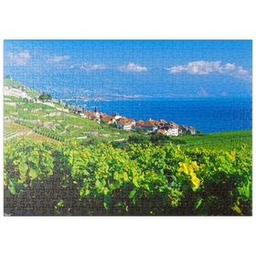 Darstellung des Puzzle-Motivs Weindorf Rivaz am Genfer See gegen Berge von Montreux – Puzzleteile: 500