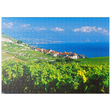 puzzleplate Weindorf Rivaz am Genfer See gegen Berge von Montreux, Lavaux-Oron, Kanton Waadt, Schweiz 500 Puzzle