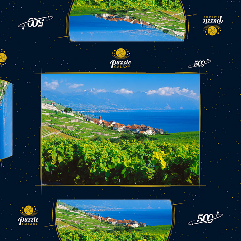 Weindorf Rivaz am Genfer See gegen Berge von Montreux, Lavaux-Oron, Kanton Waadt, Schweiz 500 Puzzle Schachtel 3D Modell