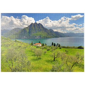 Darstellung des Puzzle-Motivs Blick auf den See bei Riva di Solto, Iseosee, Lombardei, Italien – Puzzleteile: 1000