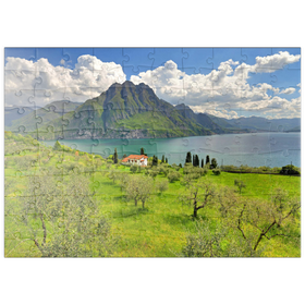Darstellung des Puzzle Motivs Blick auf den See bei Riva di Solto, Iseosee, Lombardei, Italien - Puzzleteile: 100