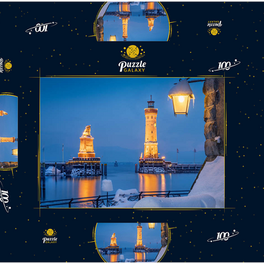 Hafeneinfahrt mit Leuchtturm und Löwenstatue an einem Winterabend, Lindau 100 Puzzle Schachtel 3D Modell