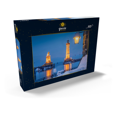 Hafeneinfahrt mit Leuchtturm und Löwenstatue an einem Winterabend, Lindau 500 Puzzle Schachtel Ansicht2