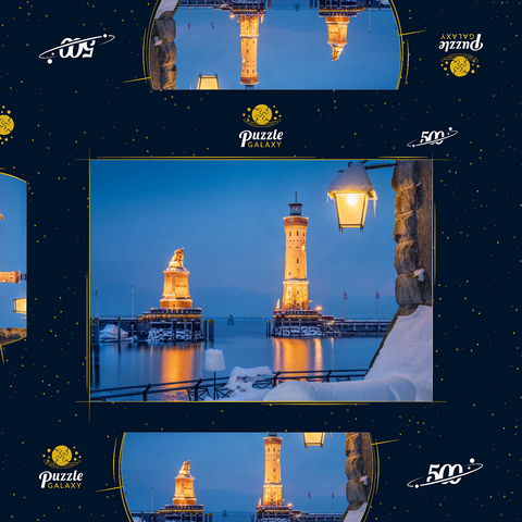 Hafeneinfahrt mit Leuchtturm und Löwenstatue an einem Winterabend, Lindau 500 Puzzle Schachtel 3D Modell